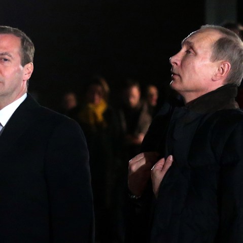 Russian President Vladimir Putin and Russian Prime Minister Dmitry Medvedev during the opening of the Yeltsin Center on Nov. 25, 2015 in Nizhny Tagil, near Yekaterinburg, Russia. (Photo by Sasha Mordovets/Getty)