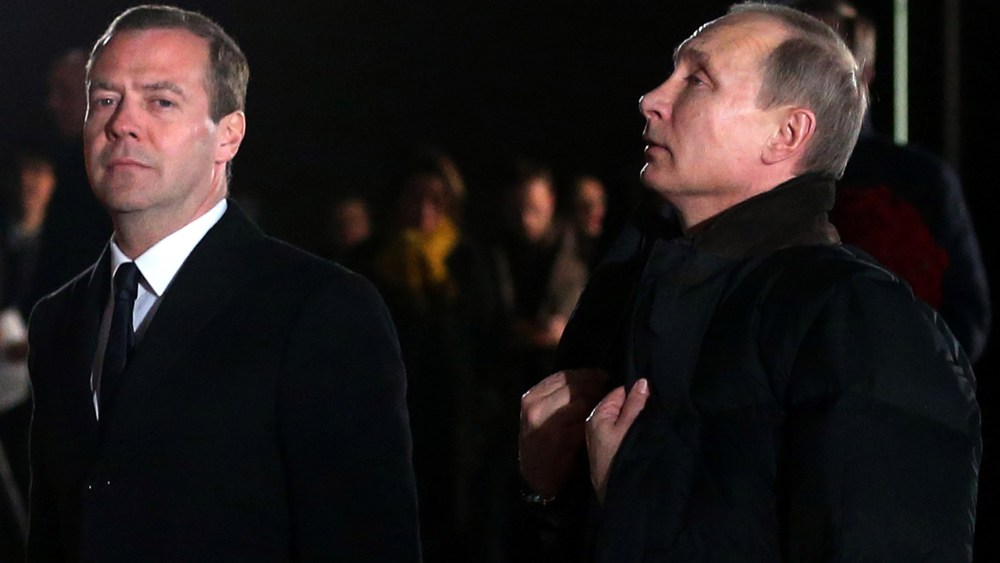Russian President Vladimir Putin and Russian Prime Minister Dmitry Medvedev during the opening of the Yeltsin Center on Nov. 25, 2015 in Nizhny Tagil, near Yekaterinburg, Russia. (Photo by Sasha Mordovets/Getty)
