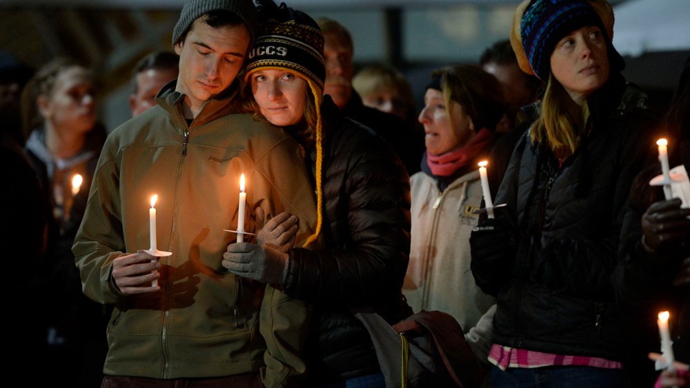 The University of Colorado at Colorado Springs held a vigil, Nov. 28, 2015, for UCCS police officer Garrett Swasey who was shot and killed along with two others at the Colorado Springs Planned Parenthood clinic. (Photo by Andy Cross/The Denver Post/Getty)