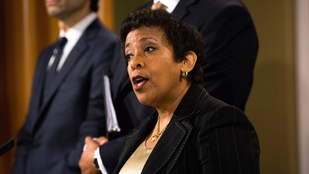 United States Attorney General Loretta E. Lynch holds a press conference in relation and enforcement action relating to FIFA and the arrests of officials Alfredo Hawit and Juan Ángel Napout, Dec. 3, 2015. (Photo by Keith Lane/Getty)