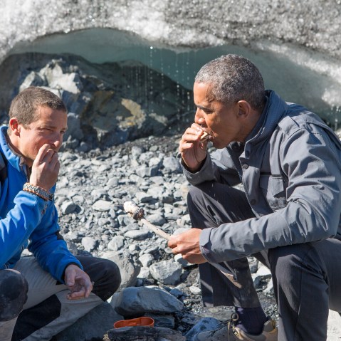 Bear Grylls and President Barack Obama in Alaska while filming 'Running Wild with Bear Grylls' in Aug. 2015. (Photo by Delbert Shoopman/NBC/NBCU Photo Bank/Getty)