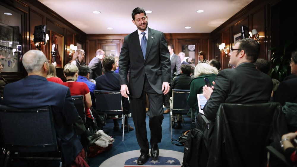 Speaker of the House Paul Ryan (R-WI) leaves a news briefing following the weekly Republican Conference meeting at the RNC headquarters on Capitol Hill, Dec. 8, 2015 in Washington, DC. (Photo by Chip Somodevilla/Getty)