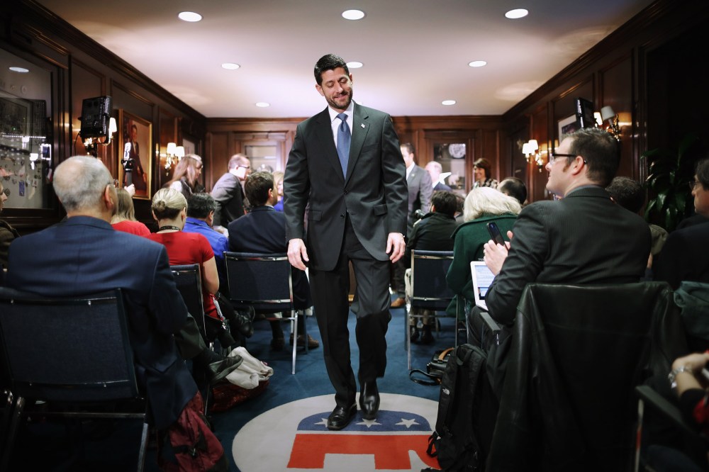Speaker of the House Paul Ryan (R-WI) leaves a news briefing following the weekly Republican Conference meeting at the RNC headquarters on Capitol Hill, Dec. 8, 2015 in Washington, DC. (Photo by Chip Somodevilla/Getty)