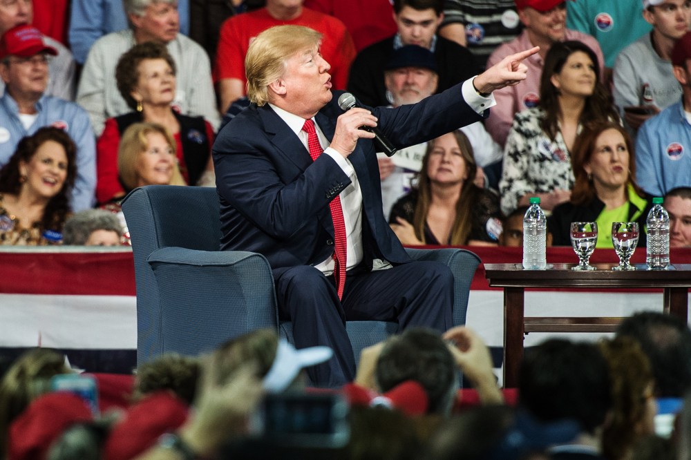 Republican presidential candidate Donald Trump speaks to the crowd at a town hall meeting Dec. 12, 2015 in Aiken, S.C. (Photo by Sean Rayford/Getty)