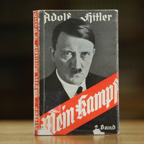 A 1941 edition of Adolf Hitler's "Mein Kampf" stands at the library of the Deutsches Historisches Museum (German Historical Museum) on Dec. 15, 2015 in Berlin, Germany. Its copyright expired and has entered public domain. (Photo by Sean Gallup/Getty)