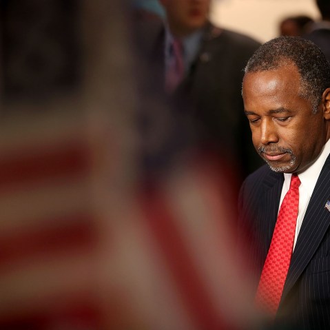 Republican presidential candidate Ben Carson prepares for a television interview before the start of the CNN republican presidential debate at The Venetian Las Vegas on Dec. 15, 2015 in Las Vegas, Nev. (Photo by Justin Sullivan/Getty)