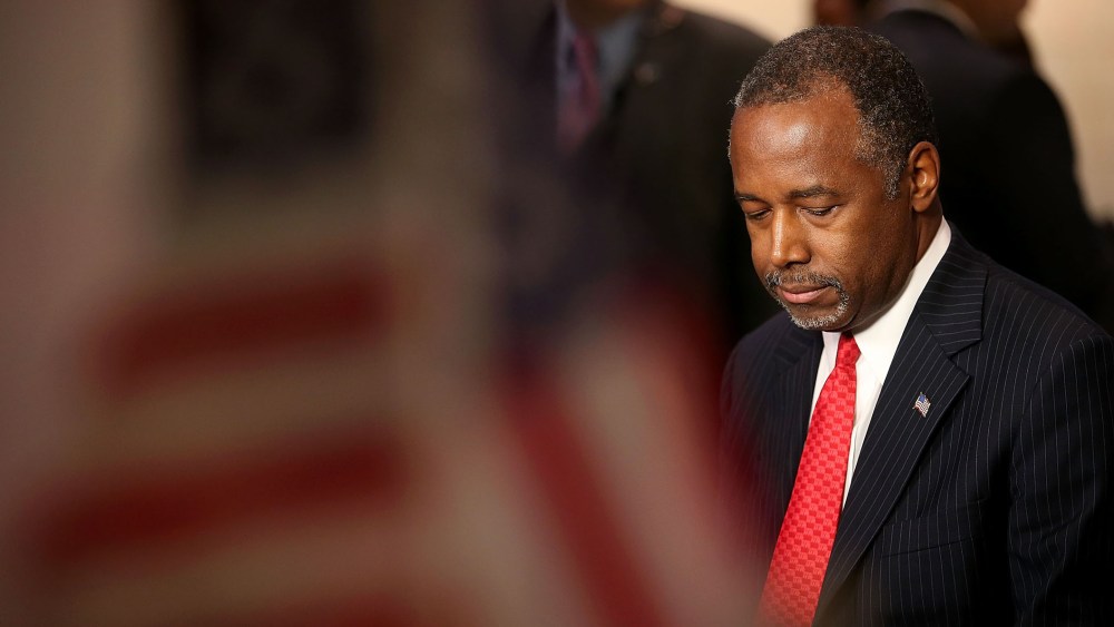 Republican presidential candidate Ben Carson prepares for a television interview before the start of the CNN republican presidential debate at The Venetian Las Vegas on Dec. 15, 2015 in Las Vegas, Nev. (Photo by Justin Sullivan/Getty)