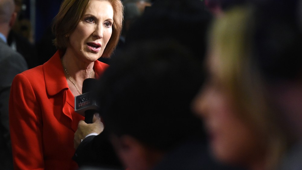 Republican presidential candidate Carly Fiorina talks to reporters in the spin room following the CNN presidential debate on Dec. 15, 2015 in Las Vegas, Nev. (Photo by Ethan Miller/Getty)