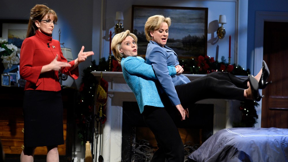(L-R) Tina Fey as Sarah Palin, Kate McKinnon as Hillary Clinton, and Amy Poehler as Hillary Clinton during the "A Hillary Christmas" sketch on Dec. 19, 2015. (Photo by Dana Edelson/NBC/NBCU Photo Bank/Getty)