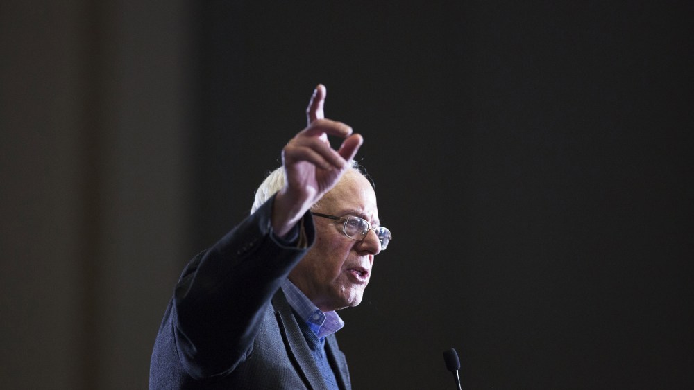 Democratic presidential candidate Senator Bernie Sanders speaks during a rally in Sioux City, Iowa, on Dec. 21, 2015. (Photo by Daniel Acker/Bloomberg/Getty)