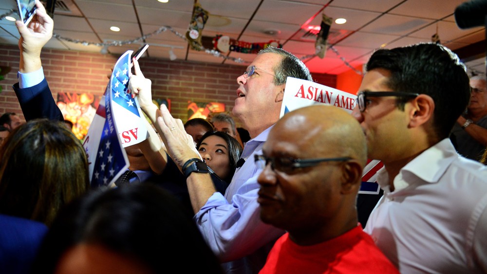 Republican presidential candidate and former Florida Governor Jeb Bush holds a meet and greet at Chico's Restaurant on Dec. 28, 2015 in Hialeah, Florida. (Photo by Johnny Louis/FilmMagic/Getty)