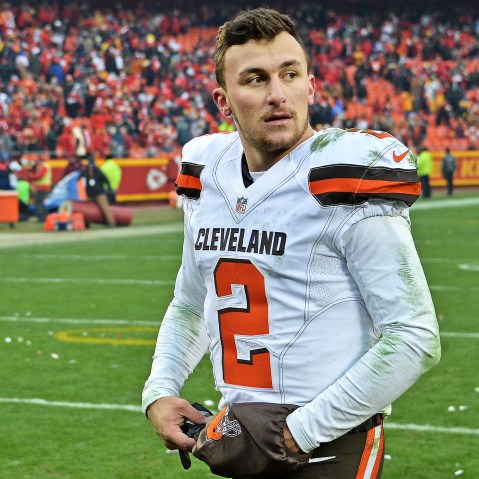 Quarterback Johnny Manziel #2 of the Cleveland Browns walks off the field, after losing to the Kansas City Chiefs on Dec. 27, 2015 at Arrowhead Stadium in Kansas City, Mo. (Photo by Peter G. Aiken/Getty)