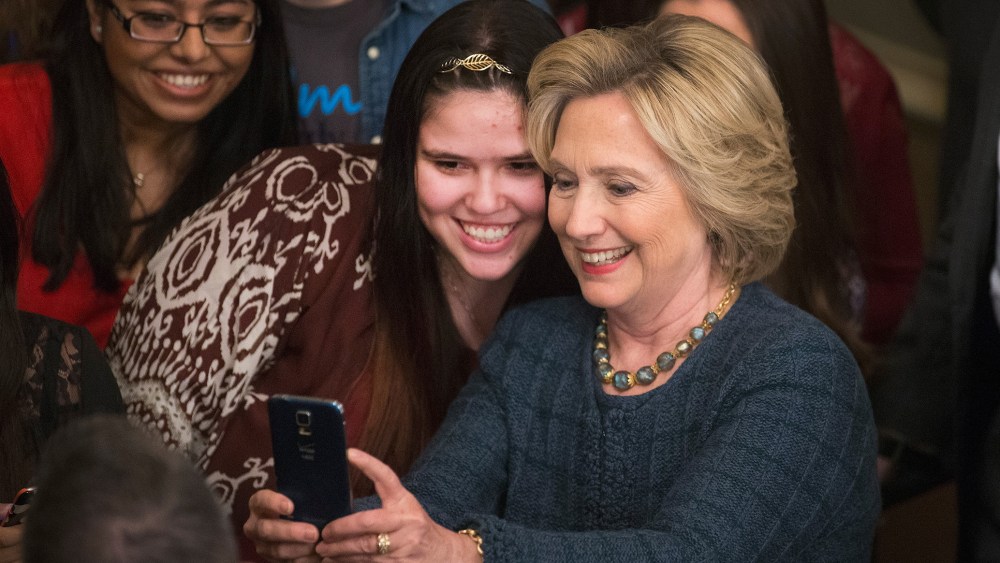 Democratic presidential candidate Hillary Clinton greets guests gathered for a town hall meeting at the Orpheum Theater on Jan. 5, 2016 in Sioux City, Ia. (Photo by Scott Olson/Getty)