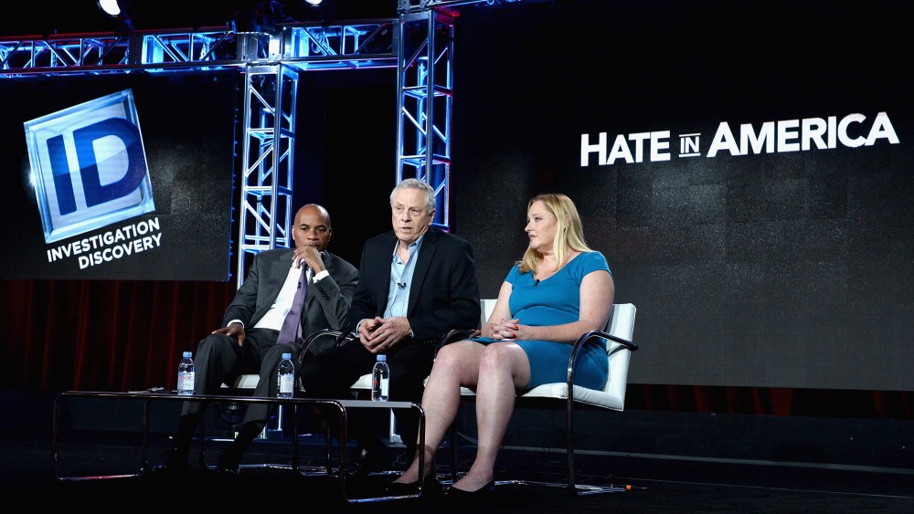 "Hate In America" Host Tony Harris, Founder, Southern Poverty Law Center Morris Dee, and Intelligence Project Director Heidi Beirich speak during the Discovery Communications TCA Winter 2016, Jan. 7, 2016, Pasadena, Calif. (Photo by Amanda Edwards/Getty)
