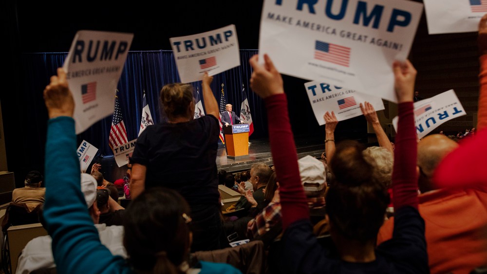 Republican presidential candidate Donald Trump speaks at the Bridge View Center on Jan. 9, 2016 in Ottumwa, Iowa. (Photo by Aaron P. Bernstein/Getty)
