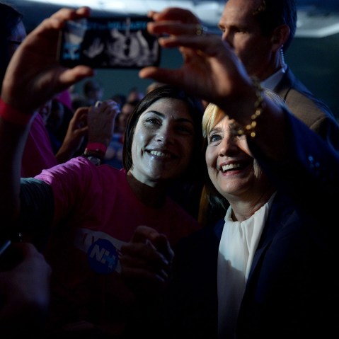 Democratic Presidential candidate Hillary Clinton takes a selfie with a supporter after receiving an endorsement from Planned Parenthood Action Fund, Jan. 10, 2016 in Hooksett, N.H. (Photo by Darren McCollester/Getty)