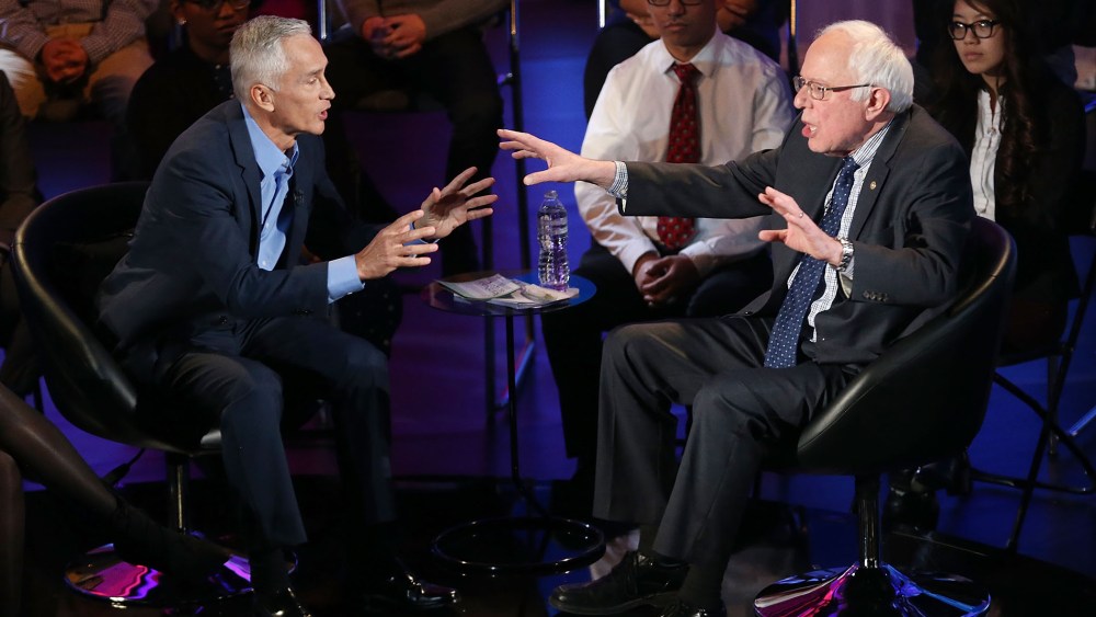 Democratic presidential candidate U.S. Sen. Bernie Sanders (I-VT) speaks with moderator Jorge Ramos during the the Iowa Brown and Black Forum on Jan. 11, 2016 in Des Moines, Iowa. (Photo by Joe Raedle/Getty)