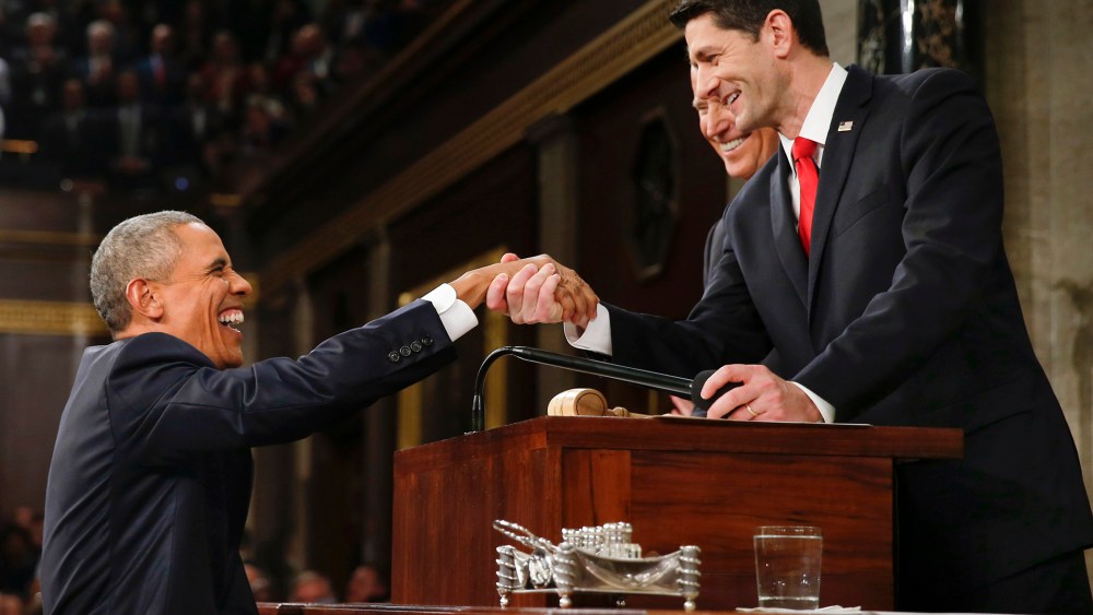President Barack Obama greets Speaker of the House Paul Ryan before his State of the Union address on Capitol Hill Jan. 12, 2016 in Washington, D.C. (Photo by Evan Vucci/Pool/Getty)