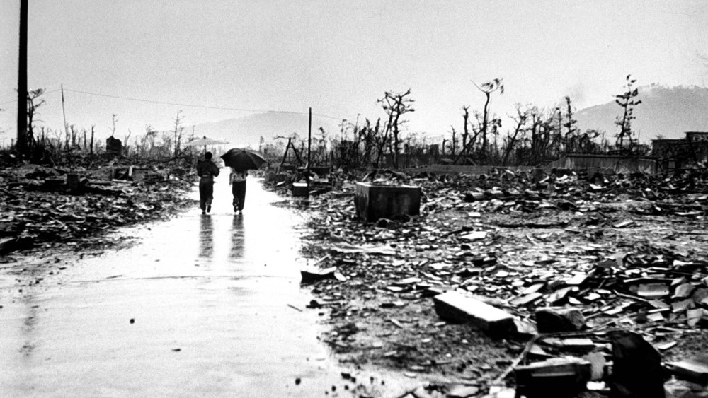 A flattened neighborhood reduced to complete rubble by the atomic bomb blast is seen in Hiroshima. (Photo by Bernard Hoffman/The LIFE Picture Collection/Getty)