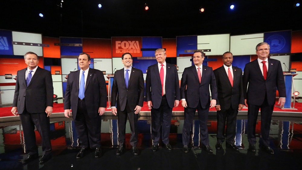 Republican presidential candidates line up before the sixth Republican presidential debate at the North Charleston Coliseum and Performing Arts Center in S.C., Jan. 14, 2016. (Photo by Andrew Burton/Getty)