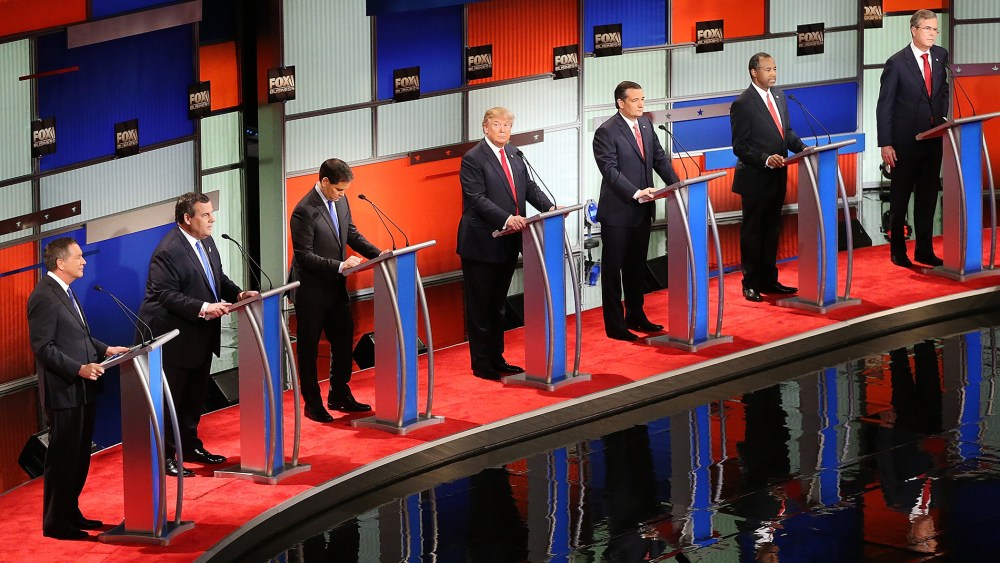 Republican presidential candidates participate in the sixth Republican presidential debate at the North Charleston Coliseum and Performing Arts Center on Jan. 14, 2016 in North Charleston, S.C. (Photo by Scott Olson/Getty)