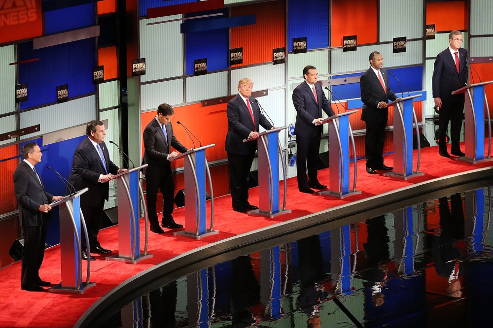 Republican presidential candidates participate in the sixth Republican presidential debate at the North Charleston Coliseum and Performing Arts Center on Jan. 14, 2016 in North Charleston, S.C. (Photo by Scott Olson/Getty)