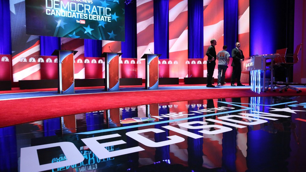 The stage at the Gaillard Center is prepared for tonight's Democratic debate, Jan. 17, 2016 in Charleston, S.C. (Photo by Andrew Burton/Getty)