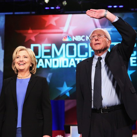 Candidates Hillary Clinton and Senator Bernie Sanders (I-VT) participate in the Democratic Candidates Debate hosted by NBC News and YouTube on Jan. 17, 2016 in Charleston, S.C. (Photo by Andrew Burton/Getty)