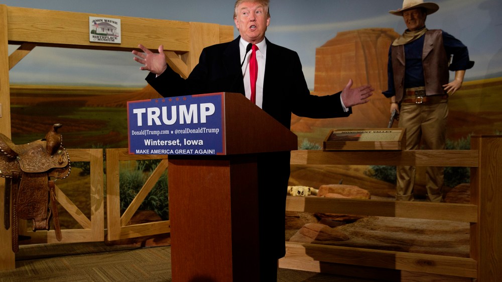 Republican presidential candidate Donald Trump speaks at the John Wayne Birthplace Museum on Jan. 19, 2016 in Winterset, Iowa. (Photo by Aaron P. Bernstein/Getty)