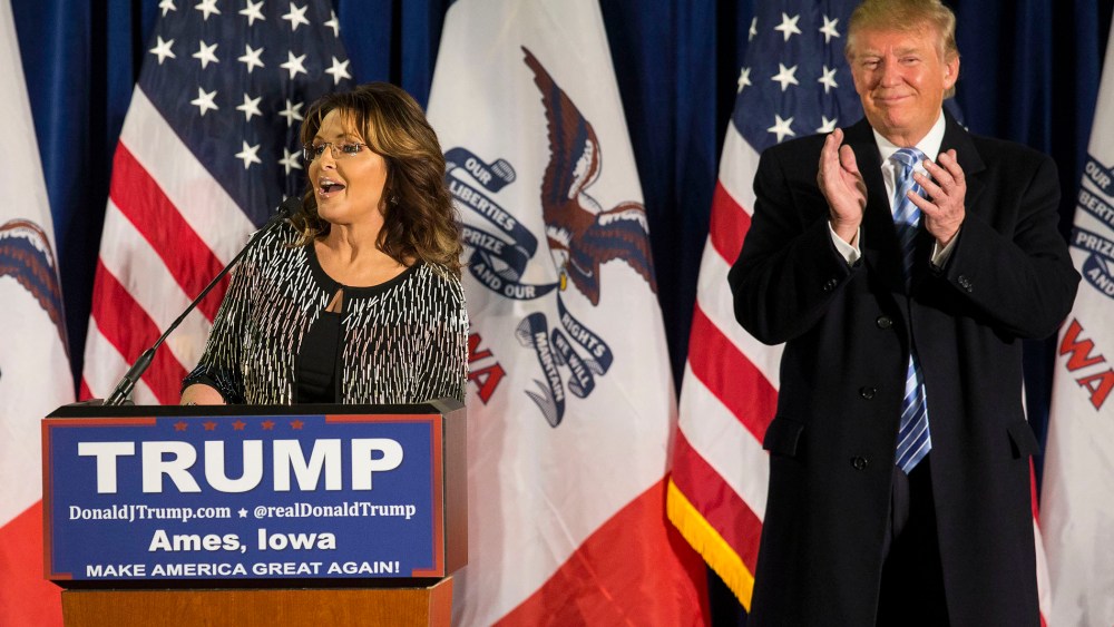 Former Alaska Gov. Sarah Palin speaks as she endorses Republican presidential candidate Donald Trump at a campaign stop, Jan. 19, 2016, in Ames, Ia. (Photo By Al Drago/CQ Roll Call/Getty)