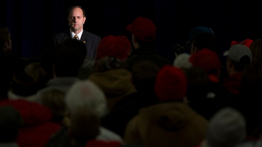 A Secret Service agent looks on as Republican presidential candidate Donald Trump speaks at Hansen Agriculture Student Learning Center at Iowa State University on Jan. 19, 2016 in Ames, Ia. (Photo by Aaron P. Bernstein/Getty)