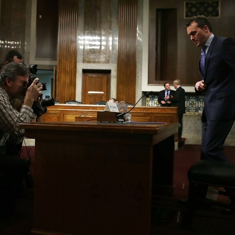 Acting U.S. Secretary of the Army Eric Fanning takes his seat as he arrives at his confirmation hearing Jan. 21, 2016 on Capitol Hill in Washington, DC. (Photo by Alex Wong/Getty)