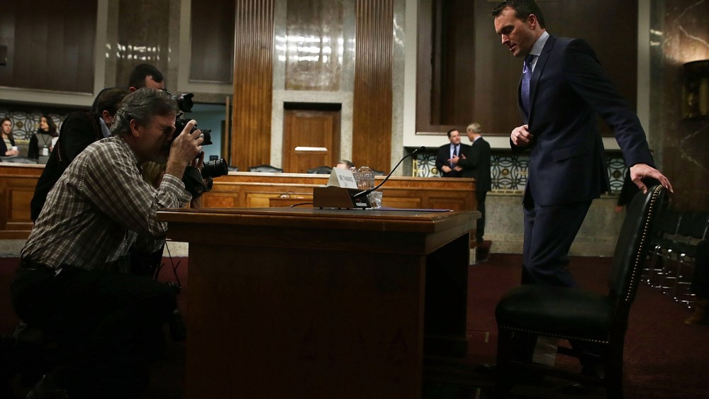 Acting U.S. Secretary of the Army Eric Fanning takes his seat as he arrives at his confirmation hearing Jan. 21, 2016 on Capitol Hill in Washington, DC. (Photo by Alex Wong/Getty)