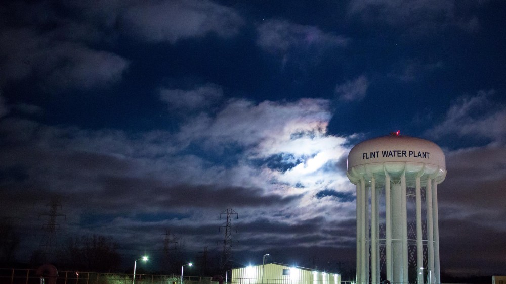The City of Flint Water Plant is illuminated by moonlight on Jan. 23, 2016 in Flint, Mich. (Photo by Brett Carlsen/Getty)