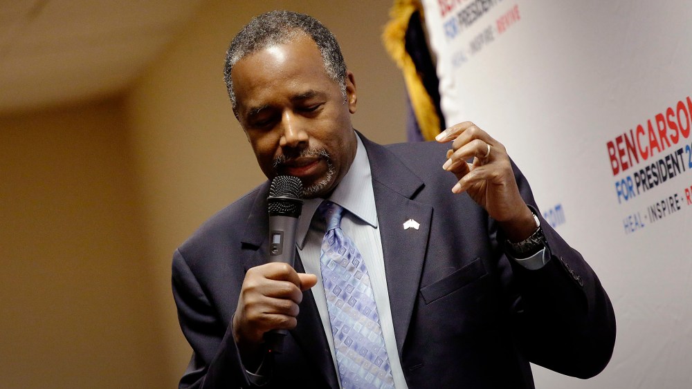 Republican presidential candidate Ben Carson speaks during his "Trust in God" town hall event Jan. 24, 2016 in Marshalltown, Iowa. (Photo by Joshua Lott/Getty)