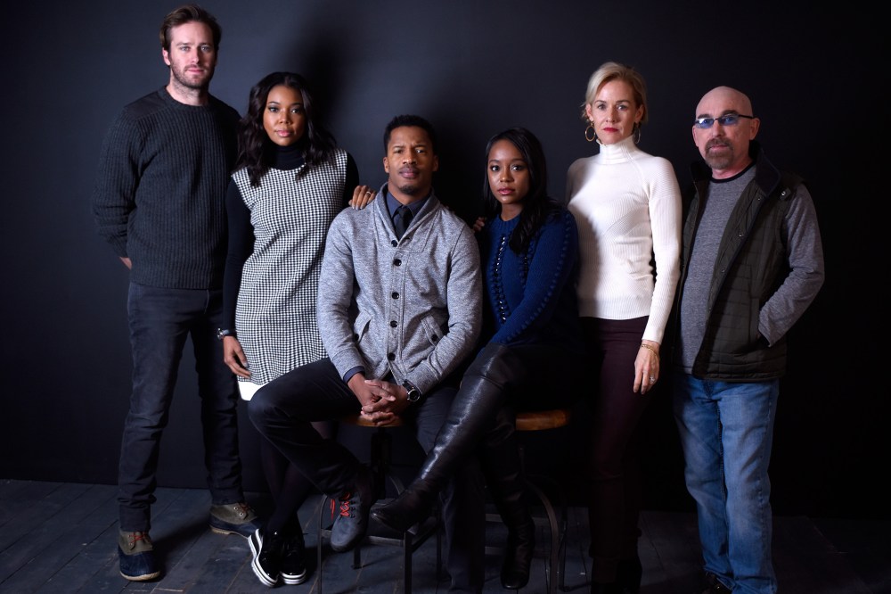 (L-R) Actors Armie Hammer, Gabrielle Union, Nate Parker, Aja Naomi King, Penelope Ann Miller and Jackie Earle Haley from the film "The Birth of a Nation" poses for a portrait on Jan. 25, 2016 in Park City, Utah. (Photo by Jeff Vespa/WireImage/Getty)