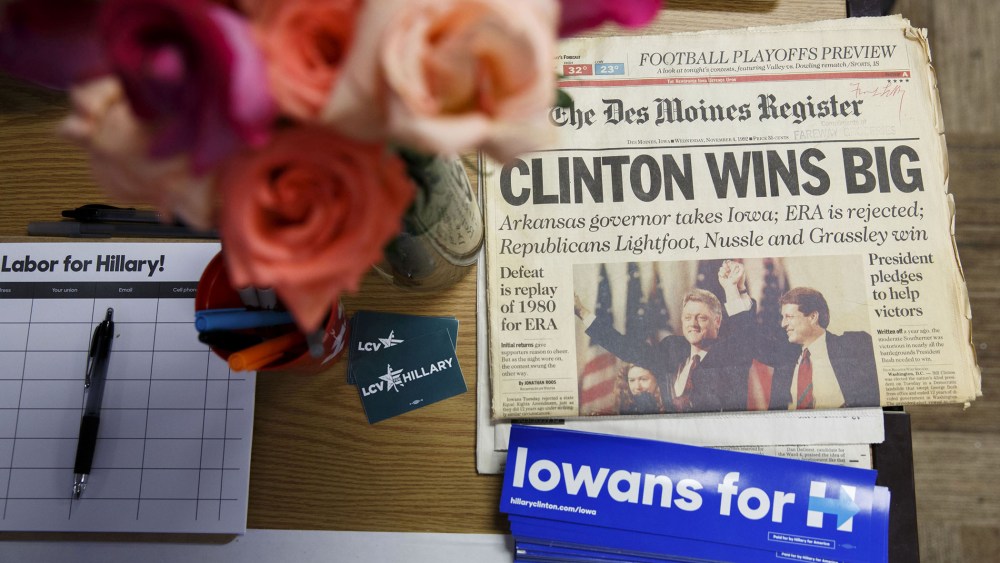 A 1992 Des Moines Register newspaper President Bill Clinton's win is displayed during an event in support of Hillary Clinton at the Clinton campaign office in Ames, Ia., Jan. 26, 2016. (Photo by Patrick T. Fallon/Bloomberg/Getty)