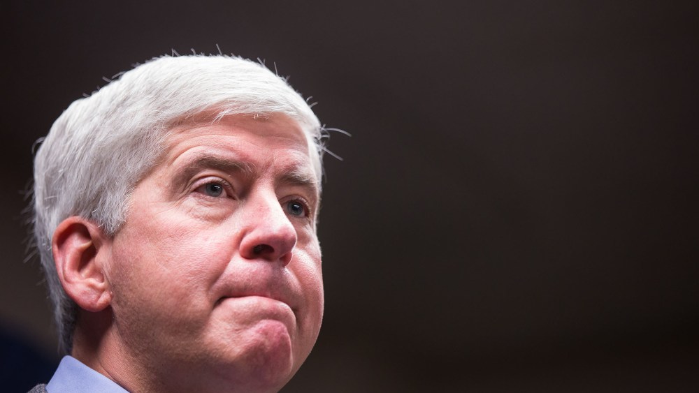 Michigan Gov. Rick Snyder speaks to the media regarding the status of the Flint water crisis on Jan. 27, 2016 at Flint City Hall in Flint, Mich. (Photo by Brett Carlsen/Getty)