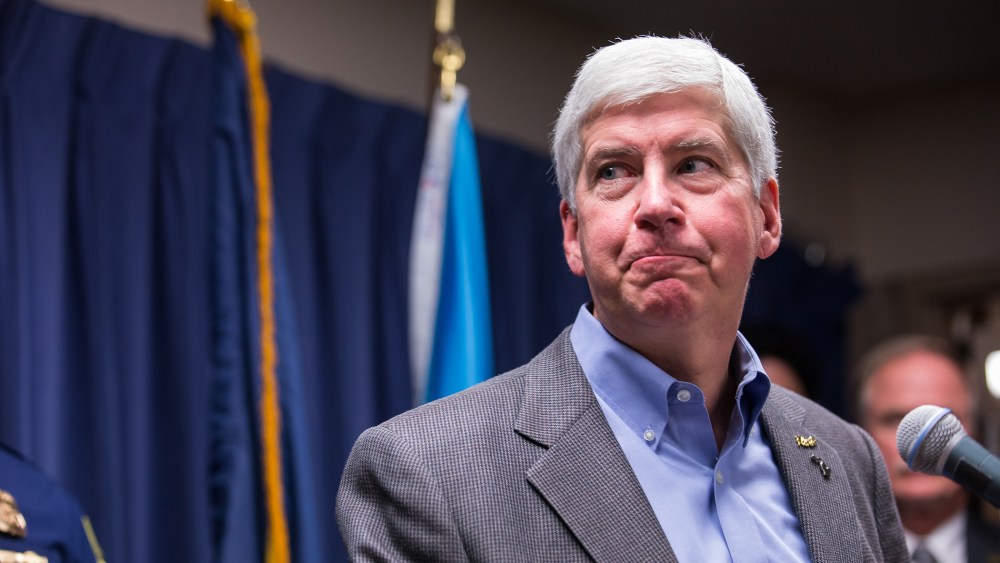 Michigan Gov. Rick Snyder speaks to the media regarding the status of the Flint water crisis on Jan. 27, 2016 at Flint City Hall in Flint, Mich. (Photo by Brett Carlsen/Getty)