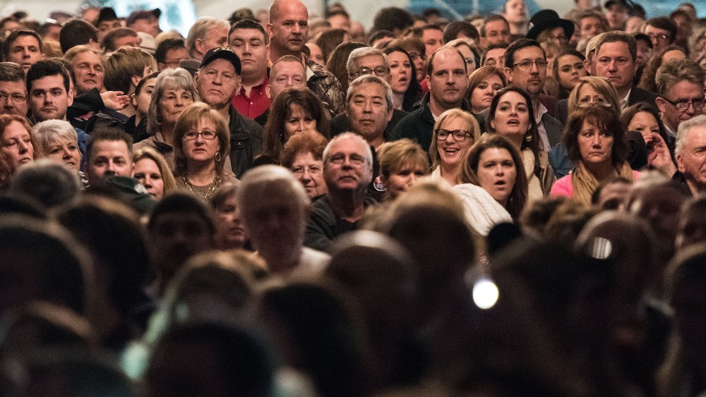 An overflow crowd of people wait for Donald Trump at a campaign rally Jan. 27, 2016 in Gilbert, S.C. (Photo by Sean Rayford/Getty)