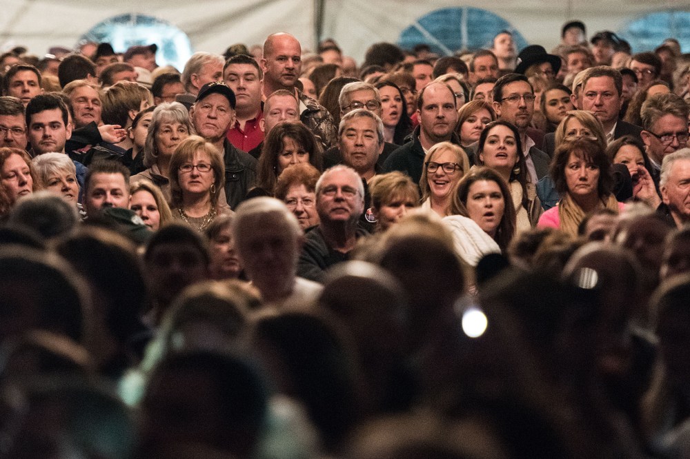An overflow crowd of people wait for Donald Trump at a campaign rally Jan. 27, 2016 in Gilbert, S.C. (Photo by Sean Rayford/Getty)