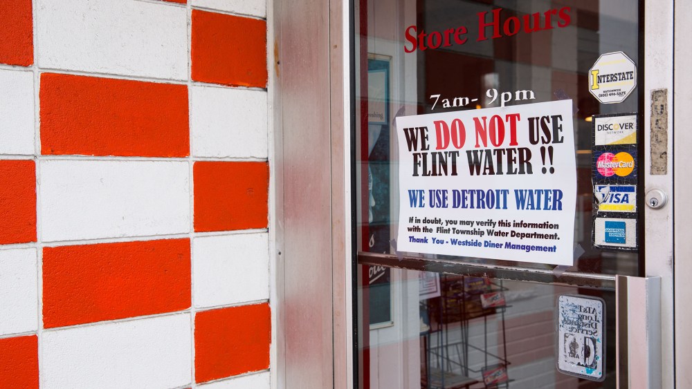 A sign at a local restaurant reassures customers that they are not on Flint water but on uncontaminated water pulled from Detroit on Jan. 27, 2016 at Westside Diner in Flint, Mich. (Photo by Brett Carlsen/Getty)