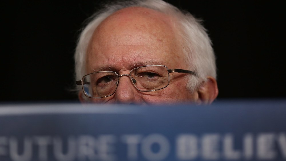 Democratic presidential candidate Sen. Bernie Sanders (I-VT) speaks from behind his podium during a forum at Roosevelt High School on Jan. 28, 2016 in Des Moines, Iowa. (Photo by Joe Raedle/Getty)