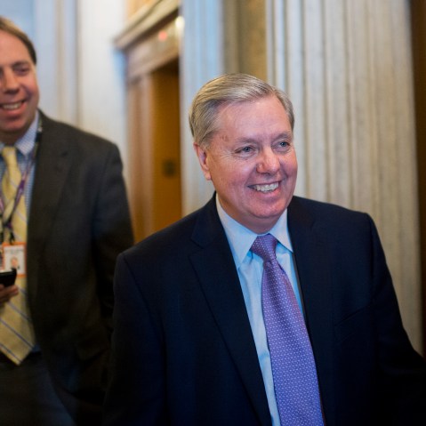 Sen. Lindsey Graham, R-S.C., talks with reporters after a vote on amendments to the energy bill in the Capitol, Jan. 28, 2016. (Photo By Tom Williams/CQ Roll Call/Getty)