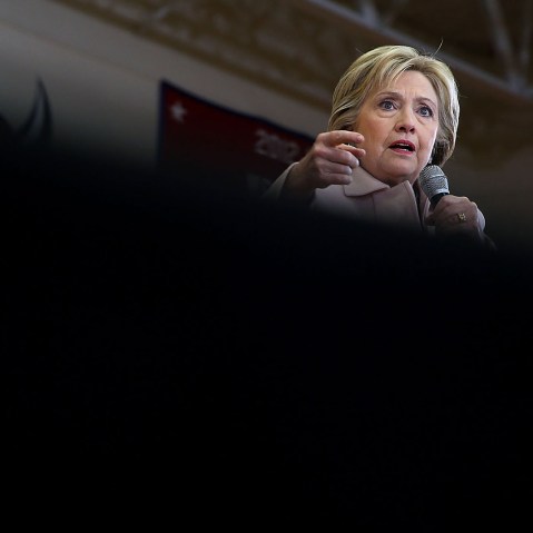 Democratic presidential candidate former Secretary of State Hillary Clinton speaks during a "get out the caucus" event at Grand View University on Jan. 29, 2016 in Des Moines, Iowa. (Photo by Justin Sullivan/Getty)