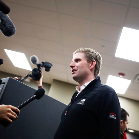 Eric Trump speaks to members of the media during a campaign event at CrossRoads Shooting Sports in Johnston, Iowa on Jan. 30, 2016. (Photo by Luke Sharrett/Bloomberg/Getty)