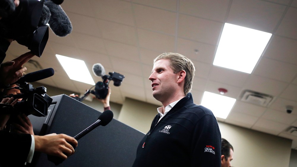 Eric Trump speaks to members of the media during a campaign event at CrossRoads Shooting Sports in Johnston, Iowa on Jan. 30, 2016. (Photo by Luke Sharrett/Bloomberg/Getty)
