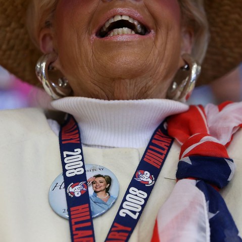A supporter of democratic presidential candidate former Secretary of State Hillary Clinton cheers during a "get out to caucus" event at Washington High School on Jan. 30, 2016 in Cedar Rapids, Ia. (Photo by Justin Sullivan/Getty)