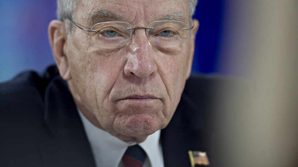 Senator Charles "Chuck" Grassley, a Republican from Iowa, listens to a question during a Bloomberg Politics interview in Des Moines, Ia., Feb. 1, 2016. (Photo by Bloomberg/Getty)
