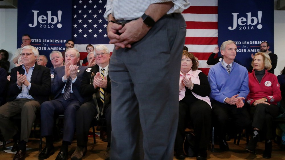 Supporters applaud for Republican presidential candidate Jeb Bush during a campaign town hall meeting at the Alpine Club Feb. 1, 2016 in Manchester, N.H. (Photo by Chip Somodevilla/Getty)